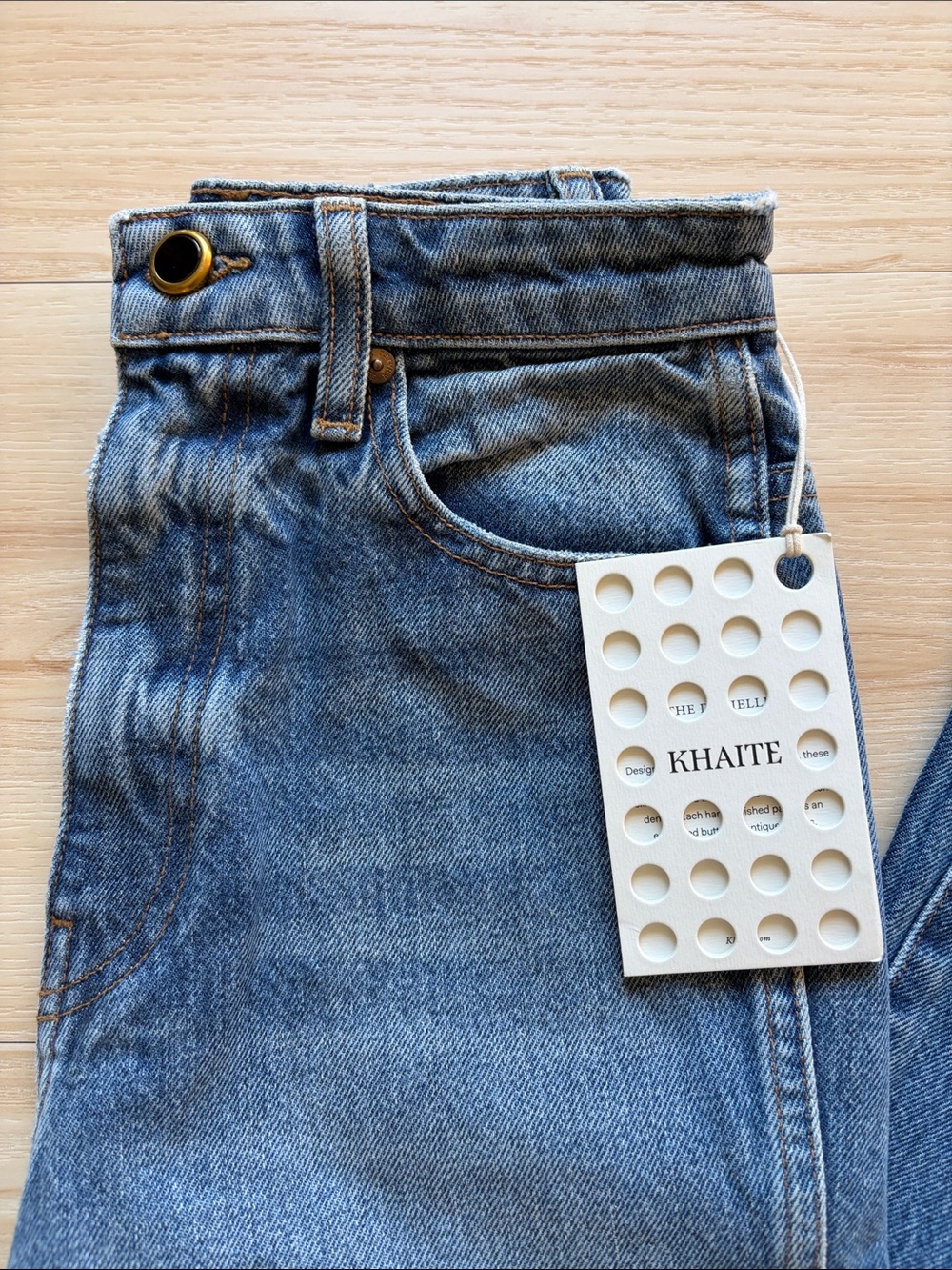 KHAITE The Danielle High Rise, Straight Leg, Slim Fit Jean Y2K distressed knee